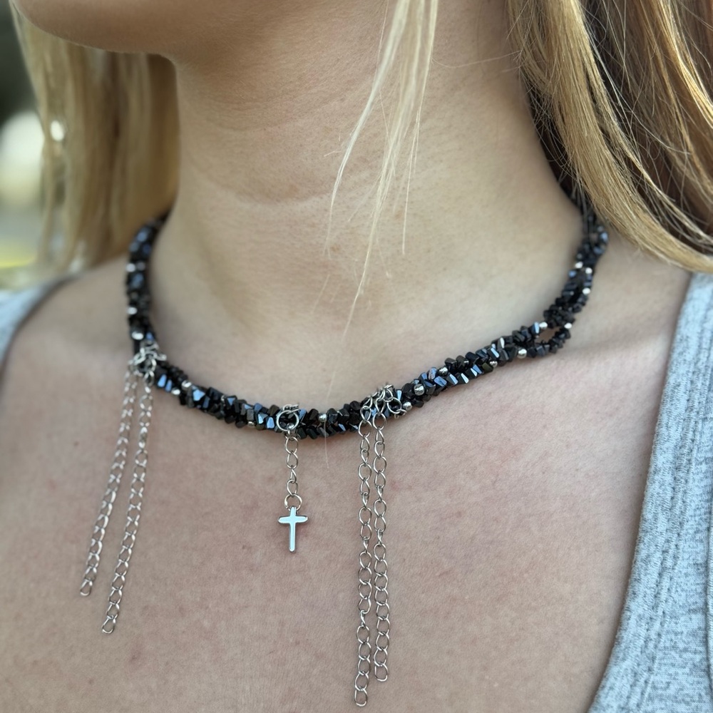 Black Stone Choker with Silver Chains & Cross – Handmade